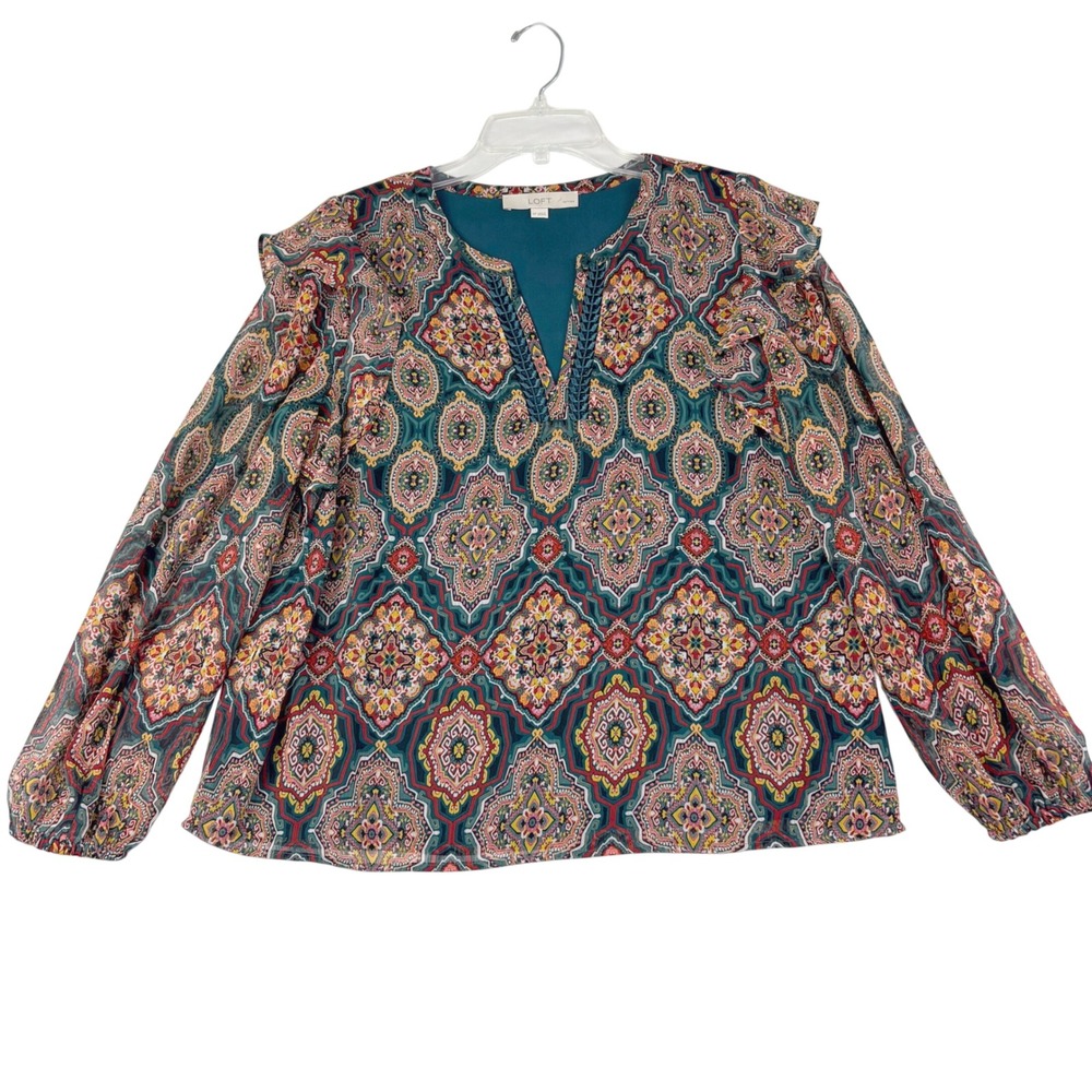 Loft M Petite Colorful Geometric Medallion Split Neck Blouse Boho Career Ruffle